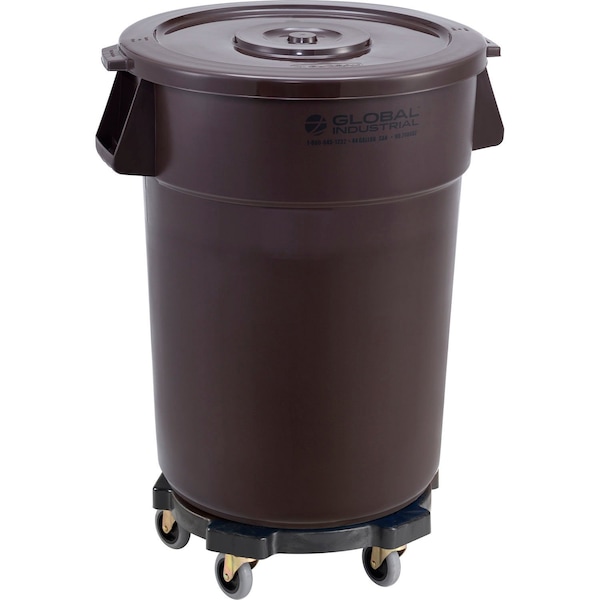 Global Industrial Plastic Trash Can with Lid & Dolly, 44 Gallon Brown 240462BNB - main